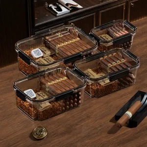 Boîte Humidor à Cigares en Plastique Transparent Étui de Rangement Portable Scellé pour Cigares Avec Hygromètre et Pack d'Humidification Pour Maison Bureau Voyage