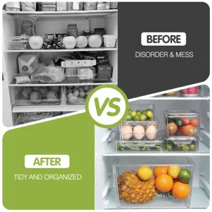 Vue détaillée de boîtes de rangement en plastique transparent pour réfrigérateur.