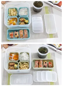 Plastic bento box set with compartments, microwave safe food storage containers for picnic.