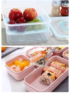 Plastic bento box detail showing compartment storage, fresh fruit and sushi arrangement.
