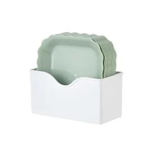 Plastic scalloped serving plates set with storage box, home dining bone dish, light green.