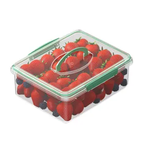 Transparenter Kunststoff-Frischhaltebehälter mit grünem Deckel und Griff für frisches Obst.