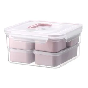Transparent pink plastic bento box set with handle multi-compartment portable lunch container