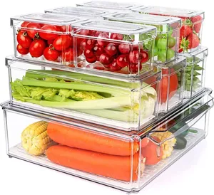 Transparentes PET Kühlschrank Aufbewahrungsbox 10er Set mit Abtropfplatten für frische Lebensmittel.