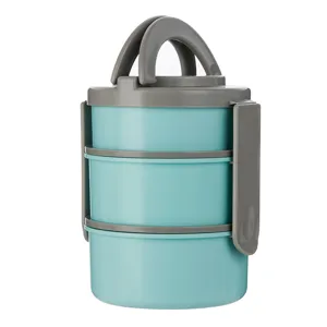 Fiambrera bento portátil de 3 capas con asa, recipiente de comida turquesa y gris.