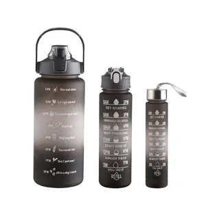 Set of 3 gradient frosted motivational water bottles with time markers for outdoor sports.