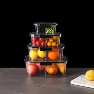 Clear plastic food storage containers with lids and compartments for kitchen organization