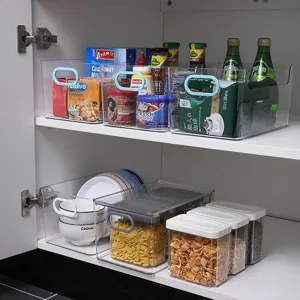 Clear plastic stackable storage bins with handles for kitchen cabinet organizer