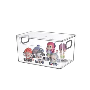 Transparent plastic storage box with lid and handles for desktop organization and toy display.