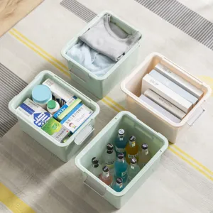 Plastic storage box with lid and handle, durable organizer container for home, dorm, and office use.