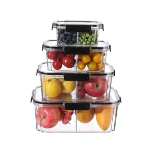 Clear plastic refrigerator storage boxes with lids and grids, stackable food containers for kitchen.