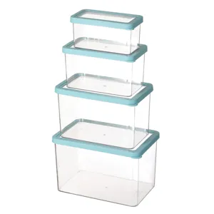 Clear PET plastic kitchen refrigerator storage box set with airtight lids for food.