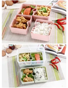 Tragbare geteilte Lunchbox aus lebensmittelechtem Kunststoff mit Abtropfbrett für frische Mahlzeiten.