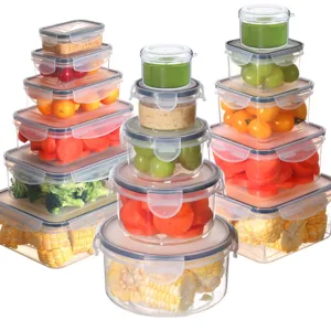 Clear plastic food storage containers set with airtight locking lids, multi-size kitchen organizers.