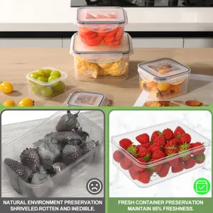 Airtight plastic food storage container set for kitchen and fridge organization.