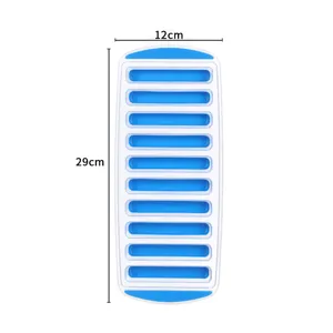 Plastic ice cube tray with long strip molds, white and blue household kitchen tool for easy ice release.