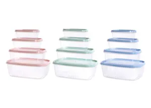 Lot de 4 boîtes de conservation alimentaires transparentes avec couvercles colorés.