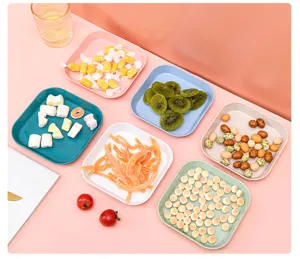 Colorful square plastic snack plates set, Nordic style candy and dried fruit serving trays.