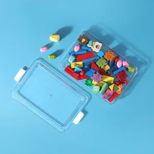 Scatola portaoggetti trasparente in plastica con chiusure e blocchi di legno colorati.