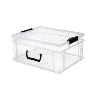 Transparent plastic storage box with secure lid and handles for household organization.