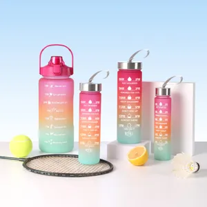 Gradient frosted sports water bottle set with time markers, large capacity outdoor cups.