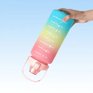 Gradient sports water bottle with time markers and motivational quotes for outdoor fitness.