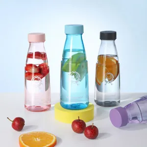 Portable plastic water bottle with cute fruit infusion design, colorful sports cup for outdoor travel.