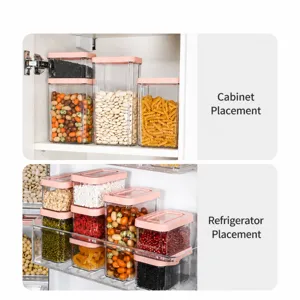 Boîtes de conservation transparentes avec couvercles roses, pots empilables pour cuisine.