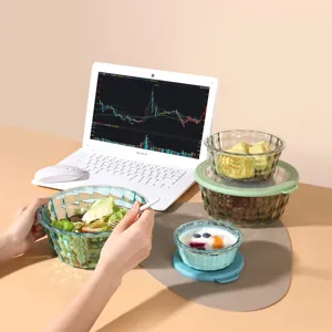 Clear plastic salad bowl set with airtight lids for home food storage and fresh fruit keeping.
