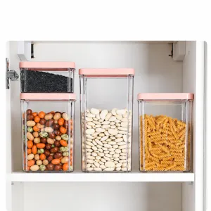 Récipient de stockage alimentaire en plastique transparent avec couvercle rose pour cuisine