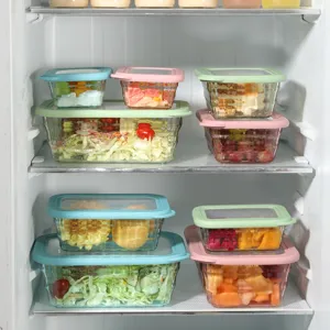 Vierkante glazen vershouddozen set met luchtdichte deksels voor fruit en salade opslag.