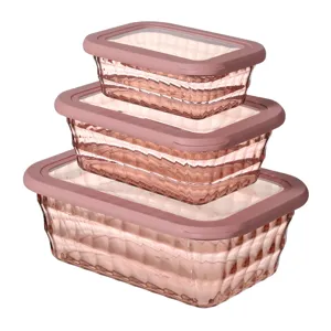 Set van 3 doorzichtige kunststof vershouddozen met roze deksels vierkante opbergdozen.
