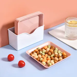 Simple square plastic snack plates with storage holder for home kitchen dining table main image