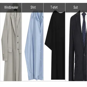 Professional men clothing collection showcasing trench coat shirt short sleeve and suit styles.