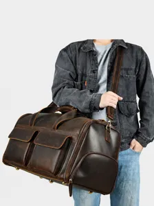 Men's genuine crazy horse leather travel duffle bag, large capacity weekend luggage with pockets.
