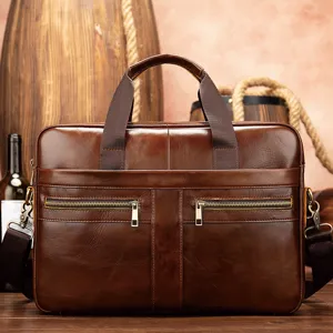 Men's Genuine Leather Briefcase 14 Inch Laptop Bag Business Casual Vintage Work Handbag Crossbody Shoulder Bag For Men
