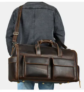 Men's genuine leather travel duffel bag, vintage crazy horse leather weekender bag detail.