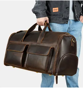 Men's genuine leather travel duffel bag vintage crazy horse weekend luggage handbag