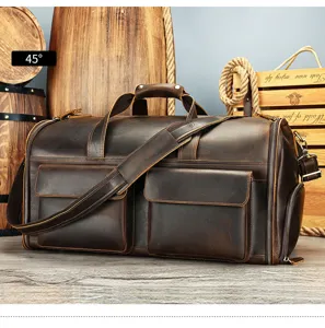 Men vintage crazy horse leather travel duffel bag large capacity business luggage bag