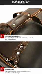 Men genuine leather duffel bag detail, crazy horse leather travel bag handle zoom.
