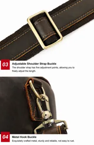 Detail view of men's leather travel bag strap, metal adjustment buckles and sturdy hardware clasps.