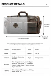 Detail view of vintage leather travel duffel bag, showing large capacity and multi pockets.