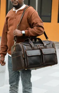 Men's genuine leather travel duffel bag vintage crazy horse leather weekender luggage bag.