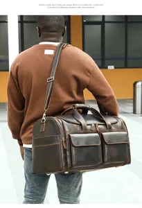 Retro genuine leather travel duffel bag for men, large capacity business luggage bag.