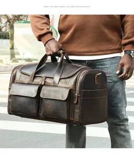 Men's genuine leather travel bag vintage crazy horse leather large capacity luggage weekender