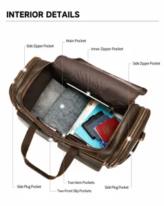 Brown leather travel duffel bag interior detail, showing spacious main compartment and pockets.