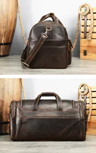 Detail view of convertible crazy horse leather travel bag showing side and back angles.