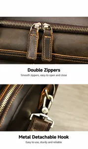 Men's vintage crazy horse leather travel duffel bag detail showcasing smooth zippers and hardware.