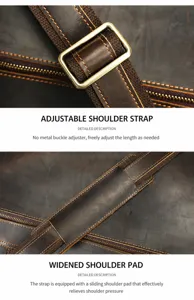 Men's leather travel duffel bag adjustable strap and wide shoulder pad detail view.