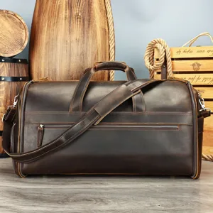 Men's Genuine Leather Travel Duffle Bag Large Capacity Business Luggage Vintage Crazy Horse Leather Suit Garment Bag